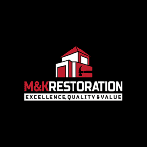 A black and red logo for m & k restoration