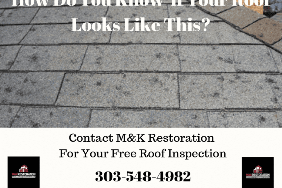 Damaged roof with contact information for inspection.