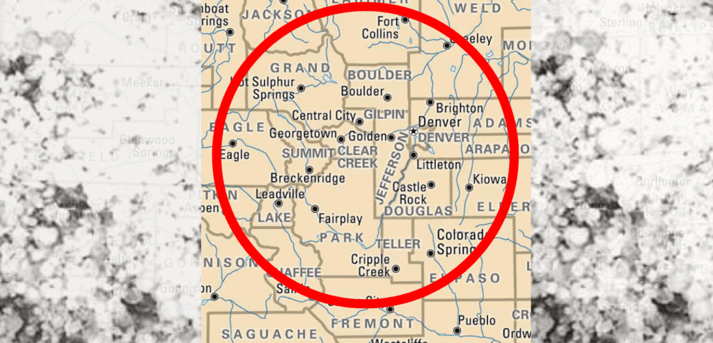 A map of the state of colorado with a circle around it.