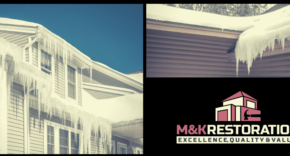Icicles hanging from house roof and gutters.