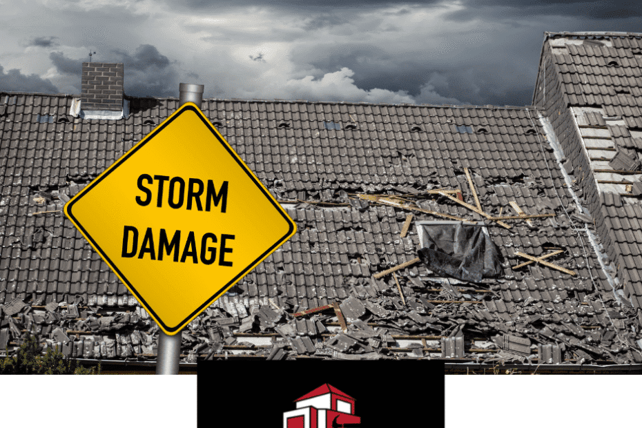 Roof damage with storm warning sign.
