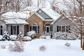 Snow-covered house surrounded by winter trees.