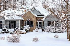 A house with snow on the ground and bushes